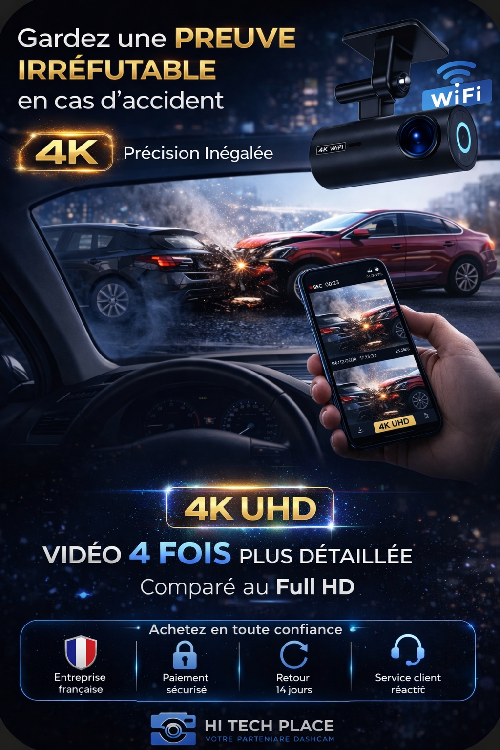 Dashcam DVR 4K 3840*2160P, enregistreur vidéo de conduite, caméra avant, Wi-Fi, vision nocturne 24h/24 et 7j/7.