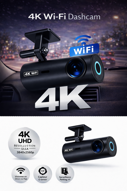 Dashcam DVR 4K 3840*2160P, enregistreur vidéo de conduite, caméra avant, Wi-Fi, vision nocturne 24h/24 et 7j/7.