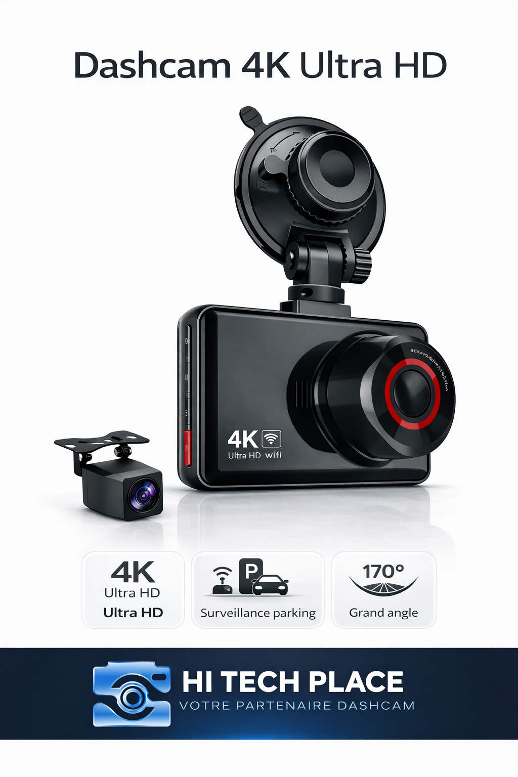 Dashcam 4K, caméra avant et arrière, enregistreur vidéo de voiture avec Wi-Fi, caméra de recul et fonction de surveillance de stationnement.