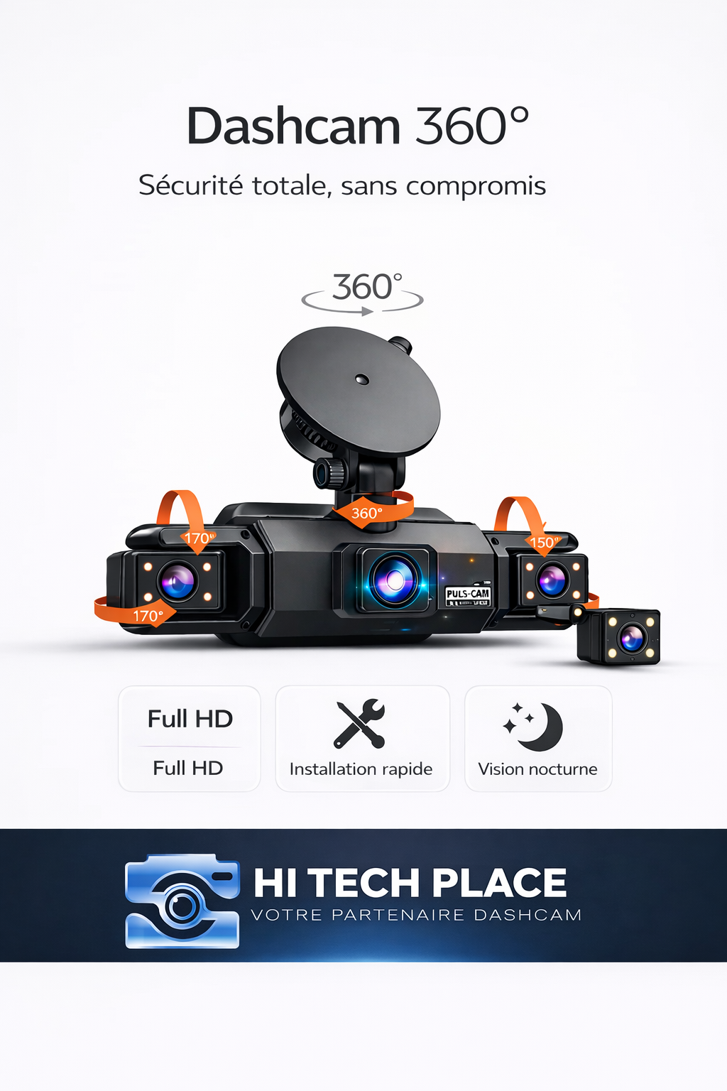 Dashcam 4 canaux avec Wi-Fi, vision nocturne FHD 1080p et enregistrement en boucle. Kit de câblage inclus.