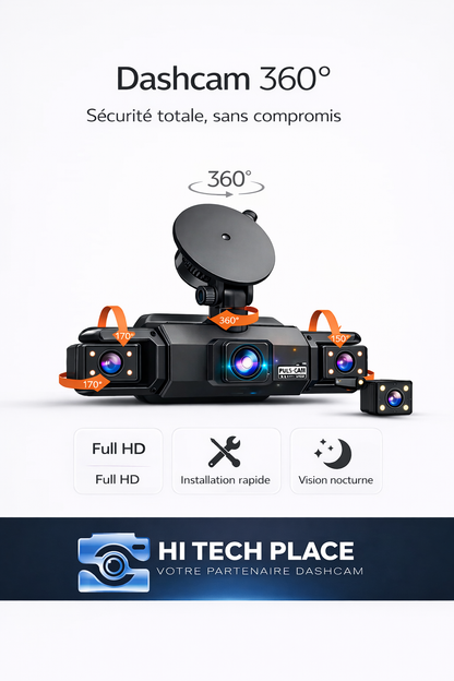 Dashcam 4 canaux avec Wi-Fi, vision nocturne FHD 1080p et enregistrement en boucle. Kit de câblage inclus.