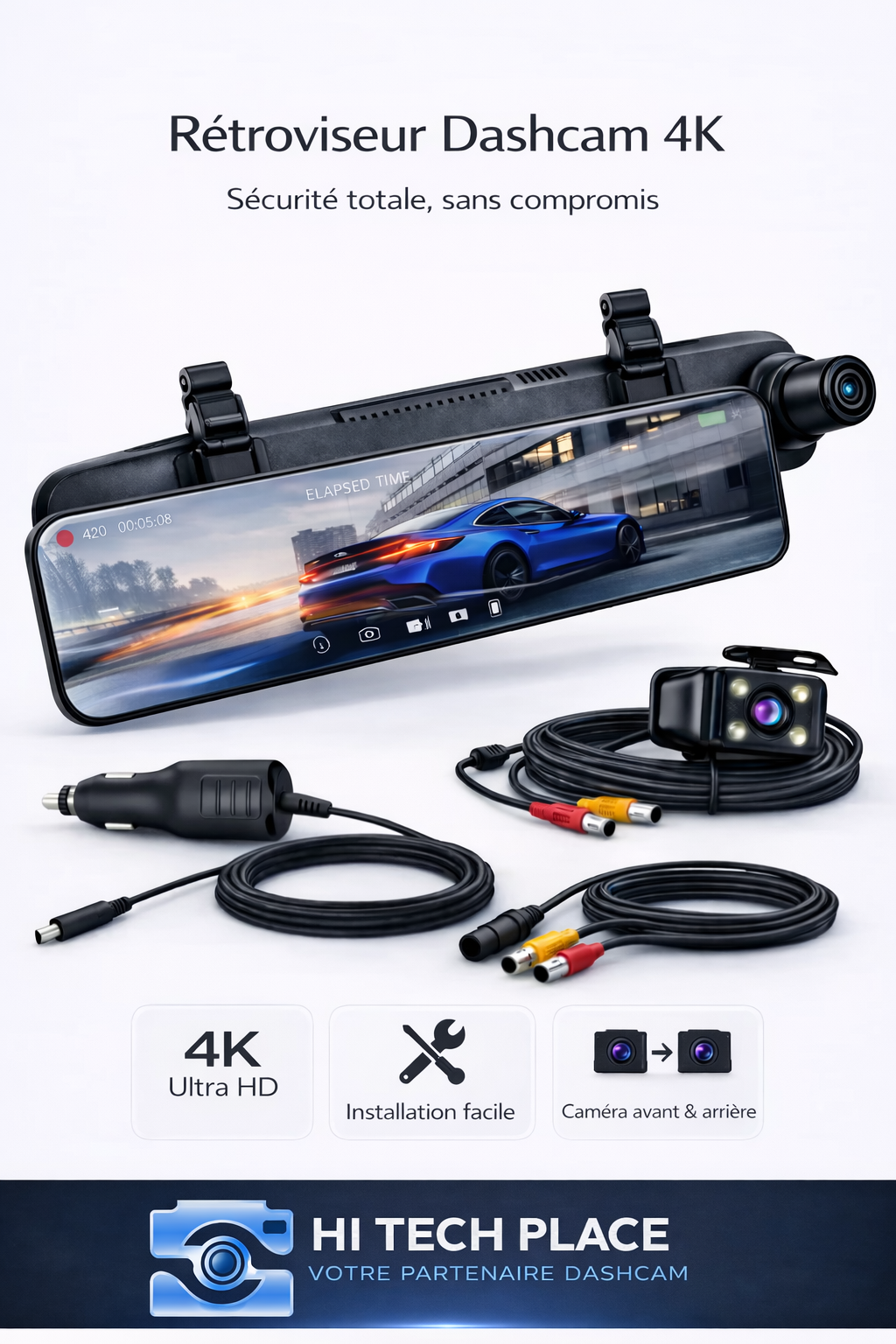 Dashcam 4K Wi-Fi 12 pouces avec enregistreur DVR intégré au rétroviseur, compatible 1080p avec les accessoires pour caméra de recul.