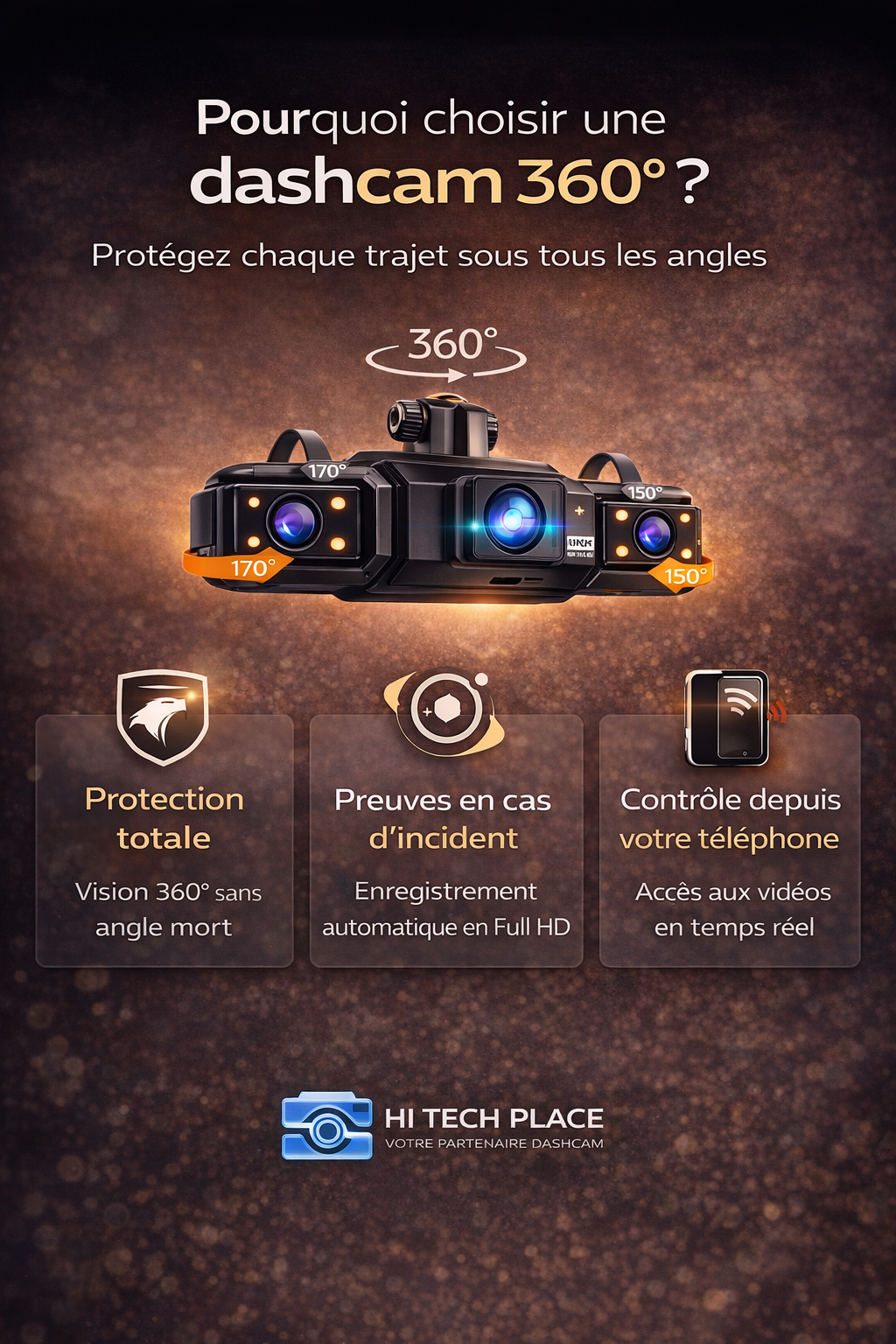 Dashcam 4 canaux avec Wi-Fi, vision nocturne FHD 1080p et enregistrement en boucle. Kit de câblage inclus.