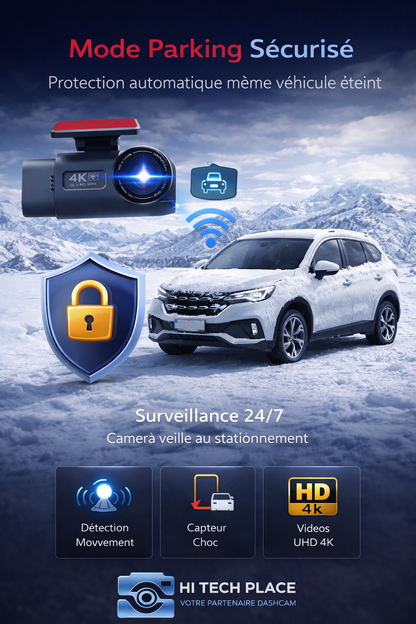 Dashcam 4K UHD avec enregistrement vidéo DVR, vision nocturne, Wi-Fi intégré, GPS et surveillance 24h/24. Carte 128Go.