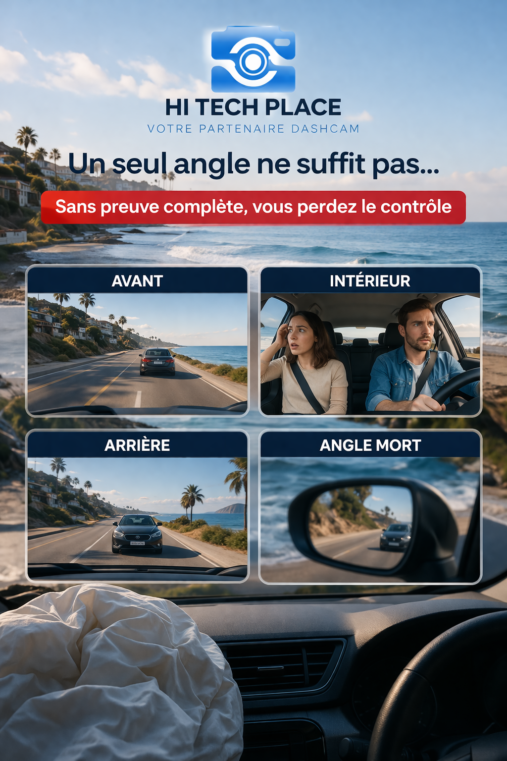 Dashcam 3 canaux pour voiture, enregistreur vidéo 1080p, application Wi-Fi, caméra avant et arrière avec vision nocturne.