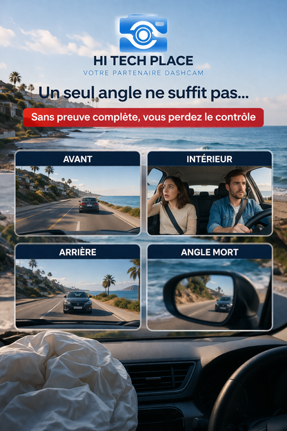 Dashcam 3 canaux pour voiture, enregistreur vidéo 1080p, application Wi-Fi, caméra avant et arrière avec vision nocturne.