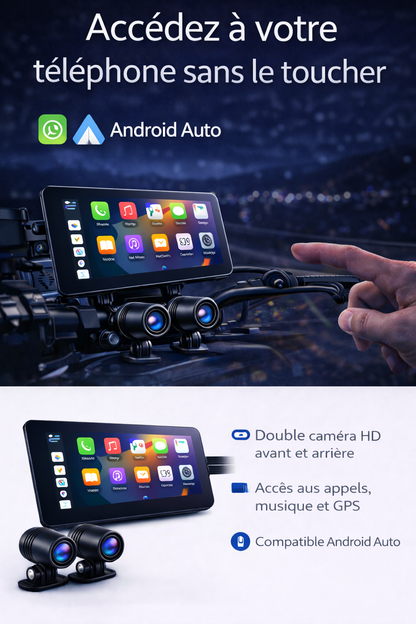 Dashcam GPS DVR moto 6,86 pouces avec compatibilité CarPlay et Android Auto, étanche IP67, caméra avant et arrière, Bluetooth