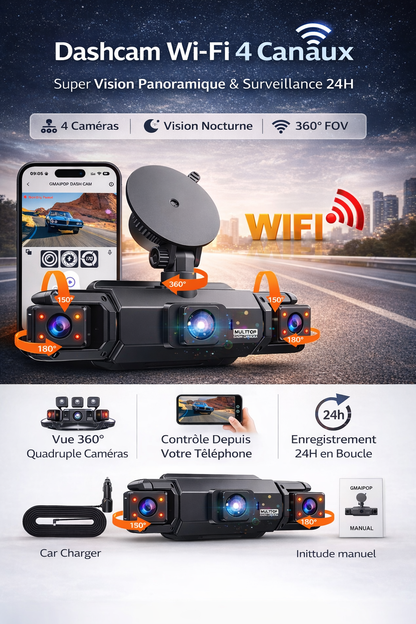 Dashcam 4 canaux avec Wi-Fi, vision nocturne FHD 1080p et enregistrement en boucle. Kit de câblage inclus.