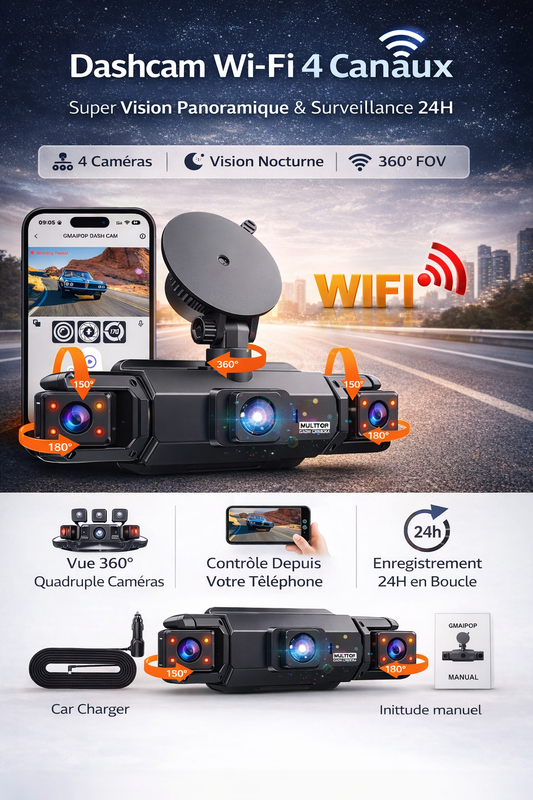 Dashcam 4 canaux avec Wi-Fi, vision nocturne FHD 1080p et enregistrement en boucle. Kit de câblage inclus.