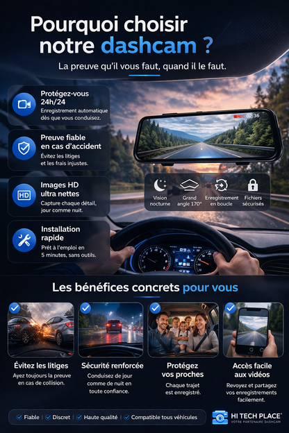Dashcam rétroviseur tactile HD double caméra 1080p 10" – Vision complète, installation facile, sécurité maximale