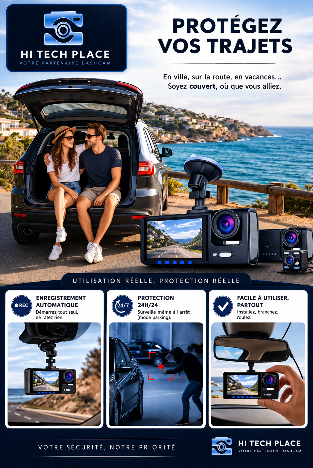 Dashcam 3 canaux pour voiture, enregistreur vidéo 1080p, application Wi-Fi, caméra avant et arrière avec vision nocturne.