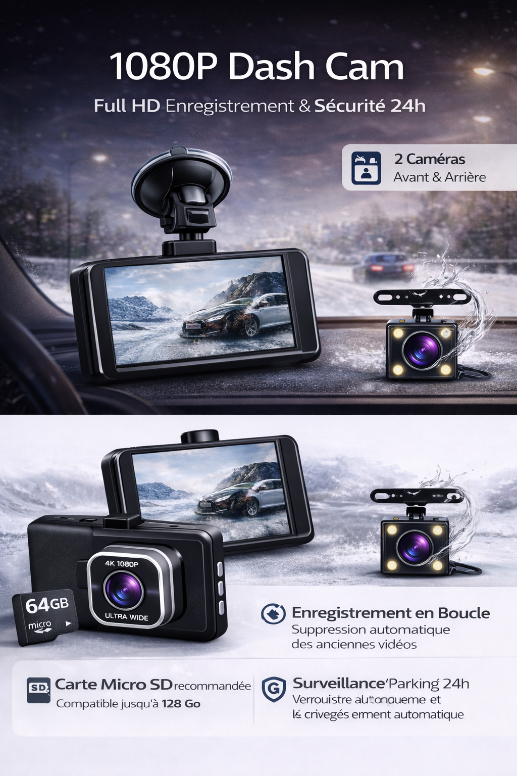 Dashcam 1080p avec capteur G, enregistreur vidéo pour véhicule, vision nocturne améliorée, enregistrement en boucle. Caméra arrière et carte 32Go inclus.