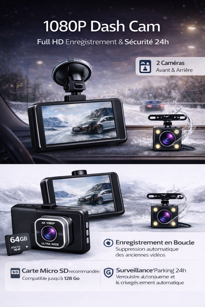 Dashcam 1080p avec capteur G, enregistreur vidéo pour véhicule, vision nocturne améliorée, enregistrement en boucle. Caméra arrière et carte 32Go inclus.