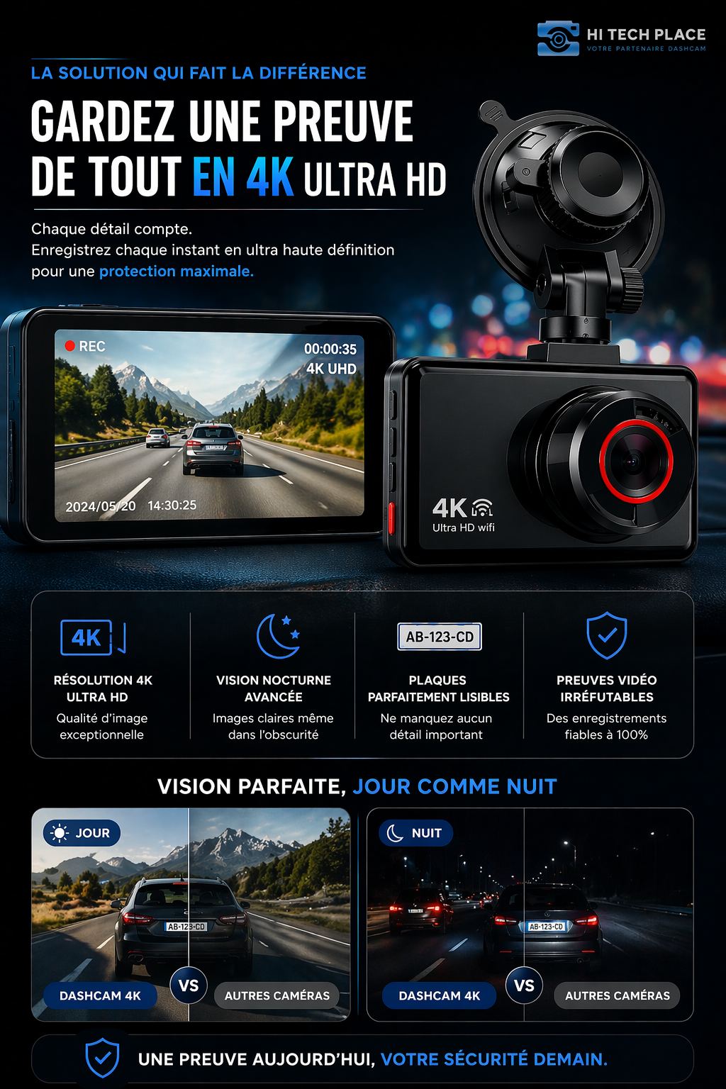 Dashcam 4K, caméra avant et arrière, enregistreur vidéo de voiture avec Wi-Fi, caméra de recul et fonction de surveillance de stationnement.