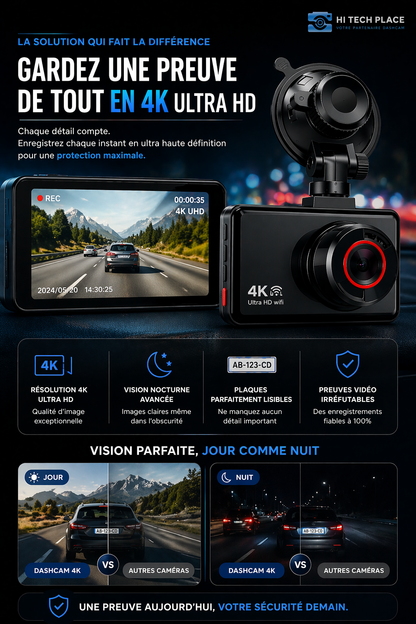 Dashcam 4K, caméra avant et arrière, enregistreur vidéo de voiture avec Wi-Fi, caméra de recul et fonction de surveillance de stationnement.