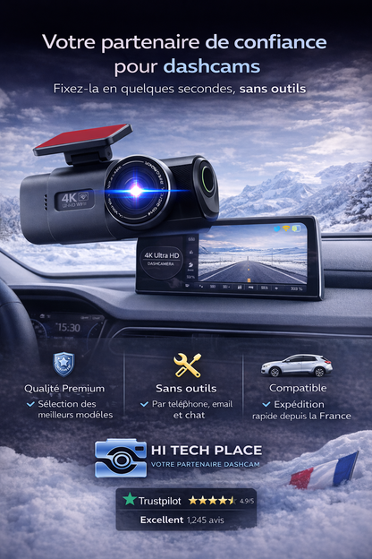 Dashcam 4K UHD avec enregistrement vidéo DVR, vision nocturne, Wi-Fi intégré, GPS et surveillance 24h/24. Carte 128Go.