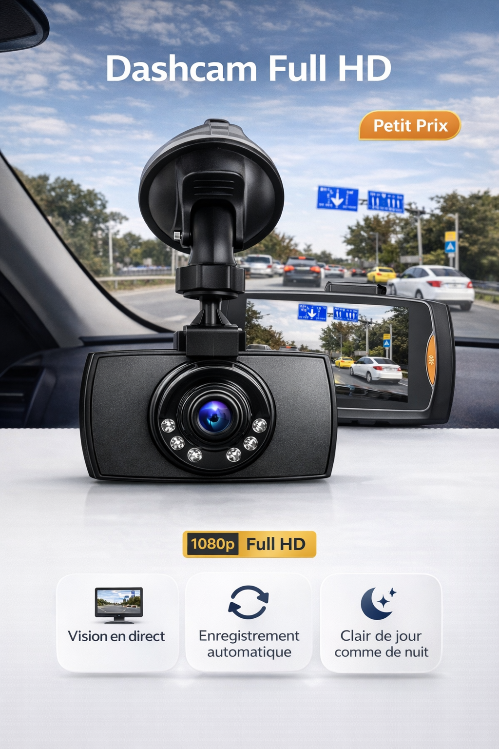 Caméra embarquée 1080p avec vision nocturne, enregistreur vidéo numérique (DVR)