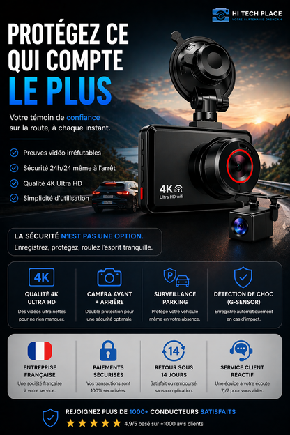 Dashcam 4K, caméra avant et arrière, enregistreur vidéo de voiture avec Wi-Fi, caméra de recul et fonction de surveillance de stationnement.