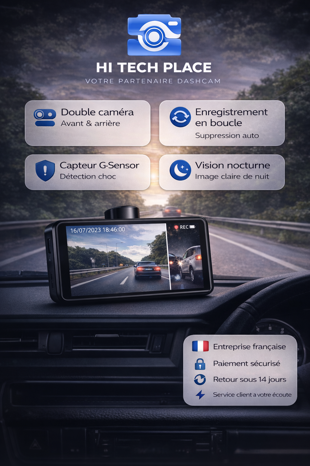 Dashcam 1080p avec capteur G, enregistreur vidéo pour véhicule, vision nocturne améliorée, enregistrement en boucle. Caméra arrière et carte 32Go inclus.