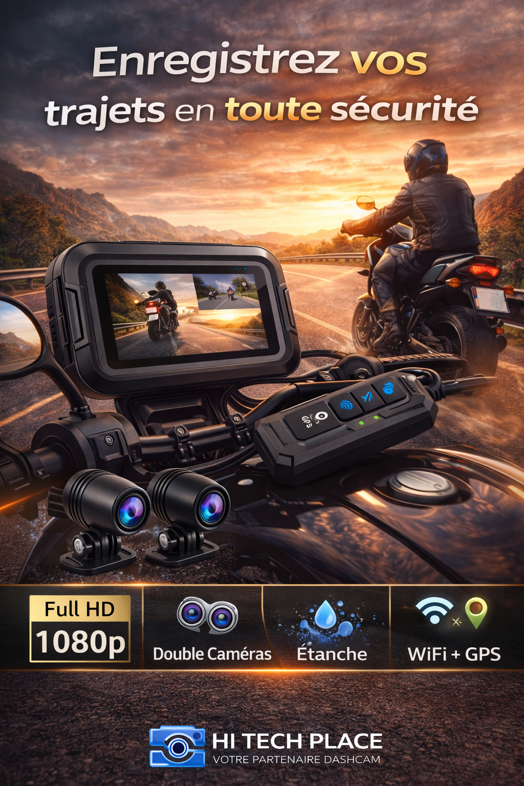 Dashcam DVR 1080p pour moto, étanche, avec Wi-Fi et GPS, enregistreur vidéo avant et arrière.