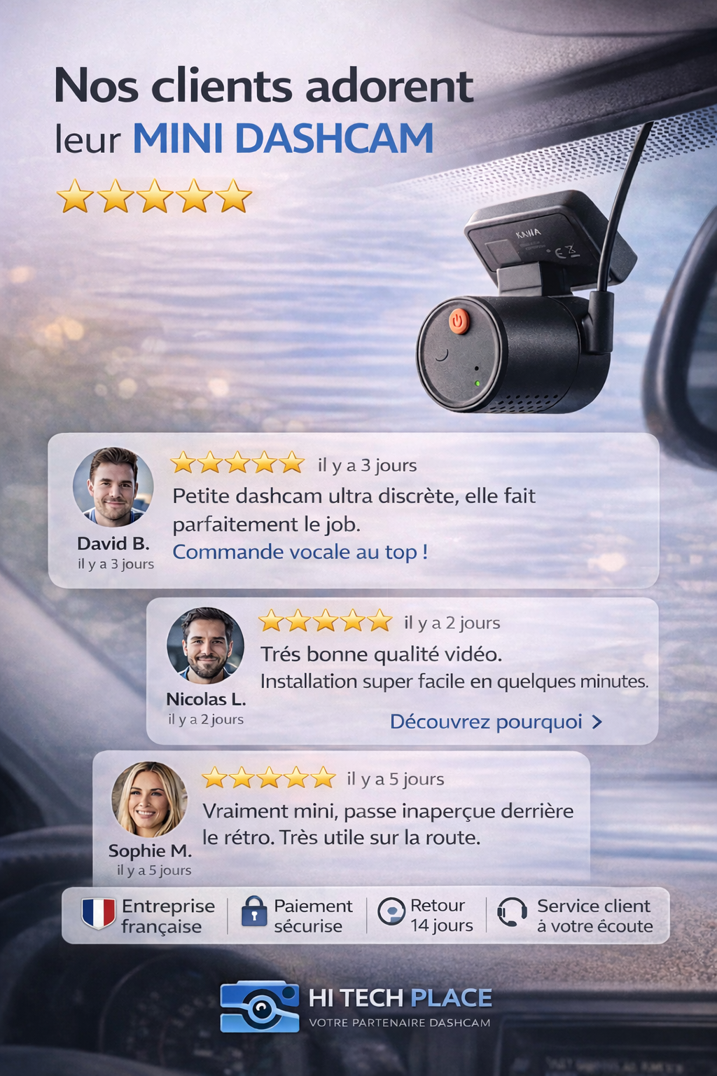 Dashcam 2K, DVR Mini avec enregistreur vidéo, commande vocale d'urgence, vision nocturne, Wi-Fi et application de surveillance.
