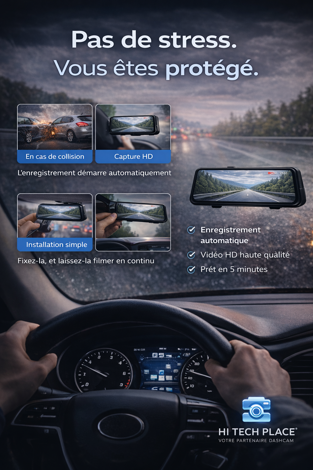 Dashcam rétroviseur tactile HD double caméra 1080p 10" – Vision complète, installation facile, sécurité maximale