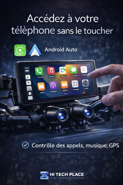 Dashcam GPS DVR moto 6,86 pouces avec compatibilité CarPlay et Android Auto, étanche IP67, caméra avant et arrière, Bluetooth