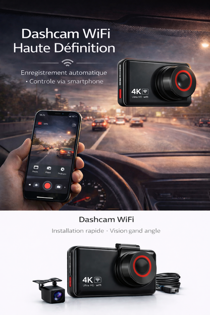 Dashcam 4K, caméra avant et arrière, enregistreur vidéo de voiture avec Wi-Fi, caméra de recul et fonction de surveillance de stationnement.