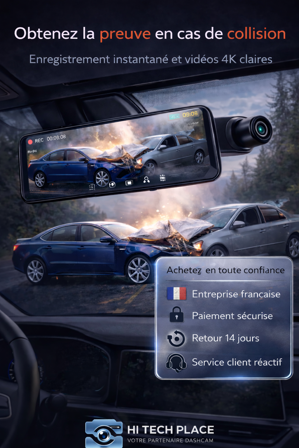 Dashcam 4K Wi-Fi 12 pouces avec enregistreur DVR intégré au rétroviseur, compatible 1080p avec les accessoires pour caméra de recul.
