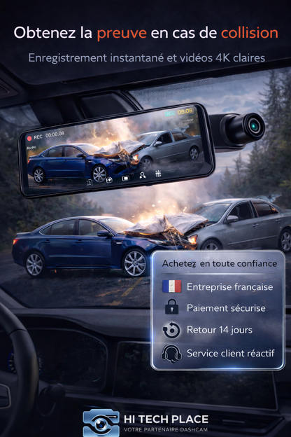 Dashcam 4K Wi-Fi 12 pouces avec enregistreur DVR intégré au rétroviseur, compatible 1080p avec les accessoires pour caméra de recul.