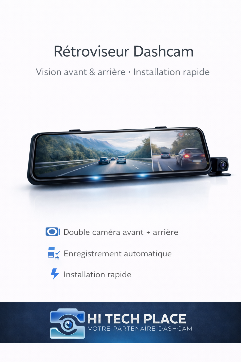 Dashcam rétroviseur tactile HD double caméra 1080p 10" – Vision complète, installation facile, sécurité maximale