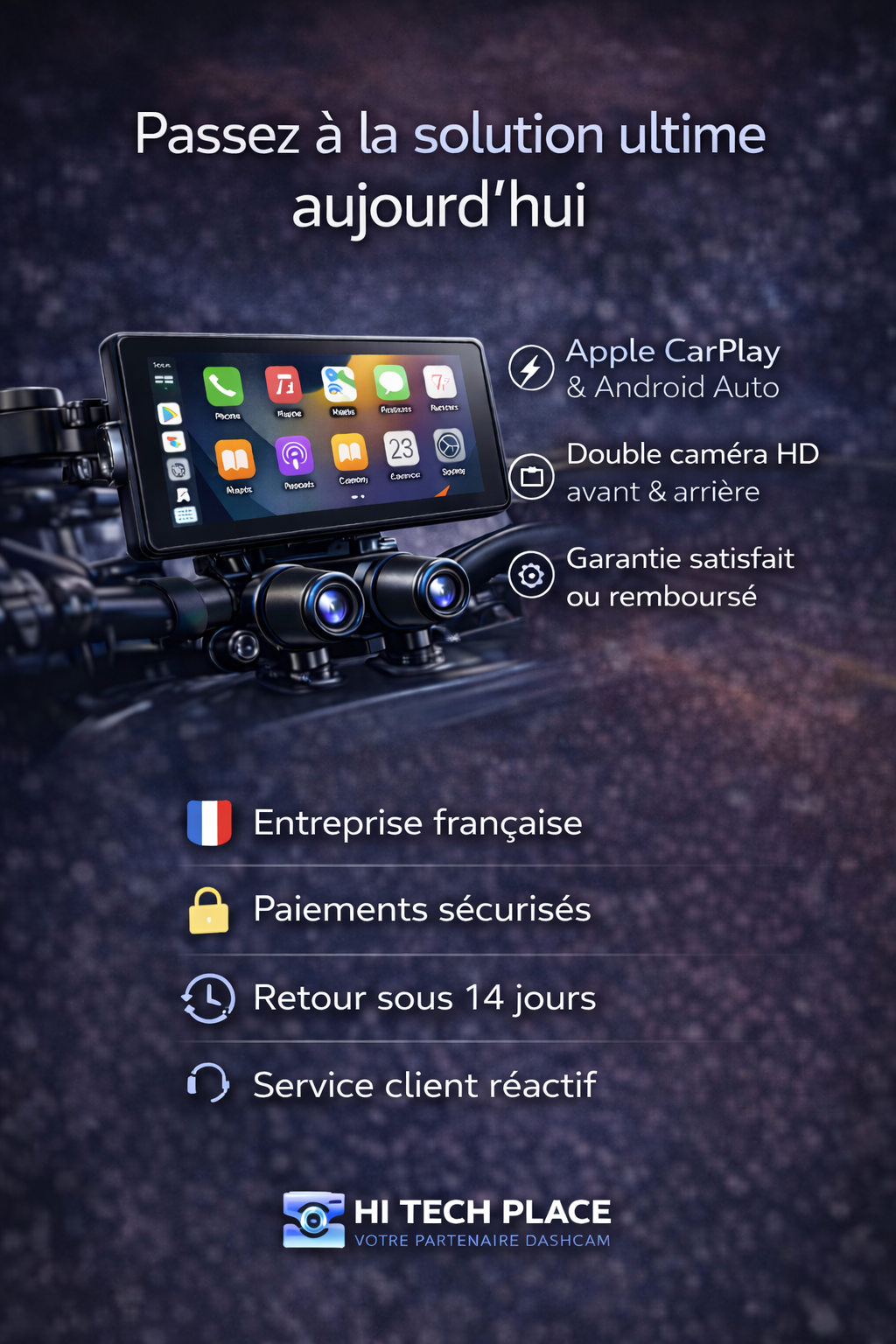 Dashcam GPS DVR moto 6,86 pouces avec compatibilité CarPlay et Android Auto, étanche IP67, caméra avant et arrière, Bluetooth