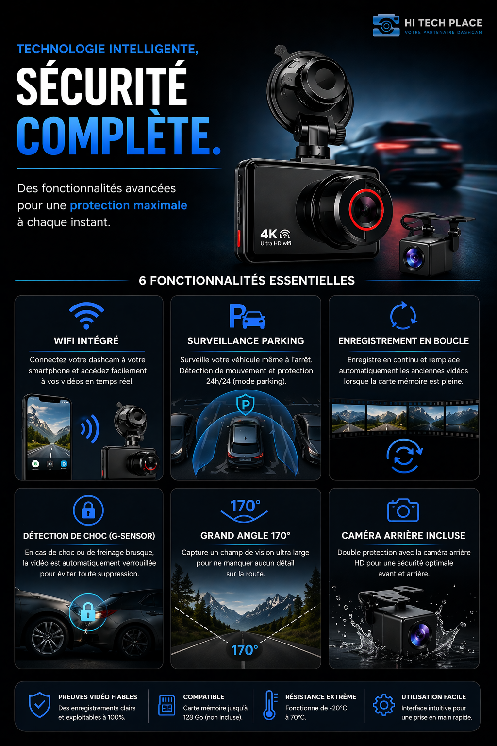 Dashcam 4K, caméra avant et arrière, enregistreur vidéo de voiture avec Wi-Fi, caméra de recul et fonction de surveillance de stationnement.