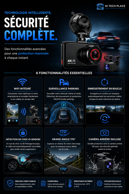 Dashcam 4K, caméra avant et arrière, enregistreur vidéo de voiture avec Wi-Fi, caméra de recul et fonction de surveillance de stationnement.