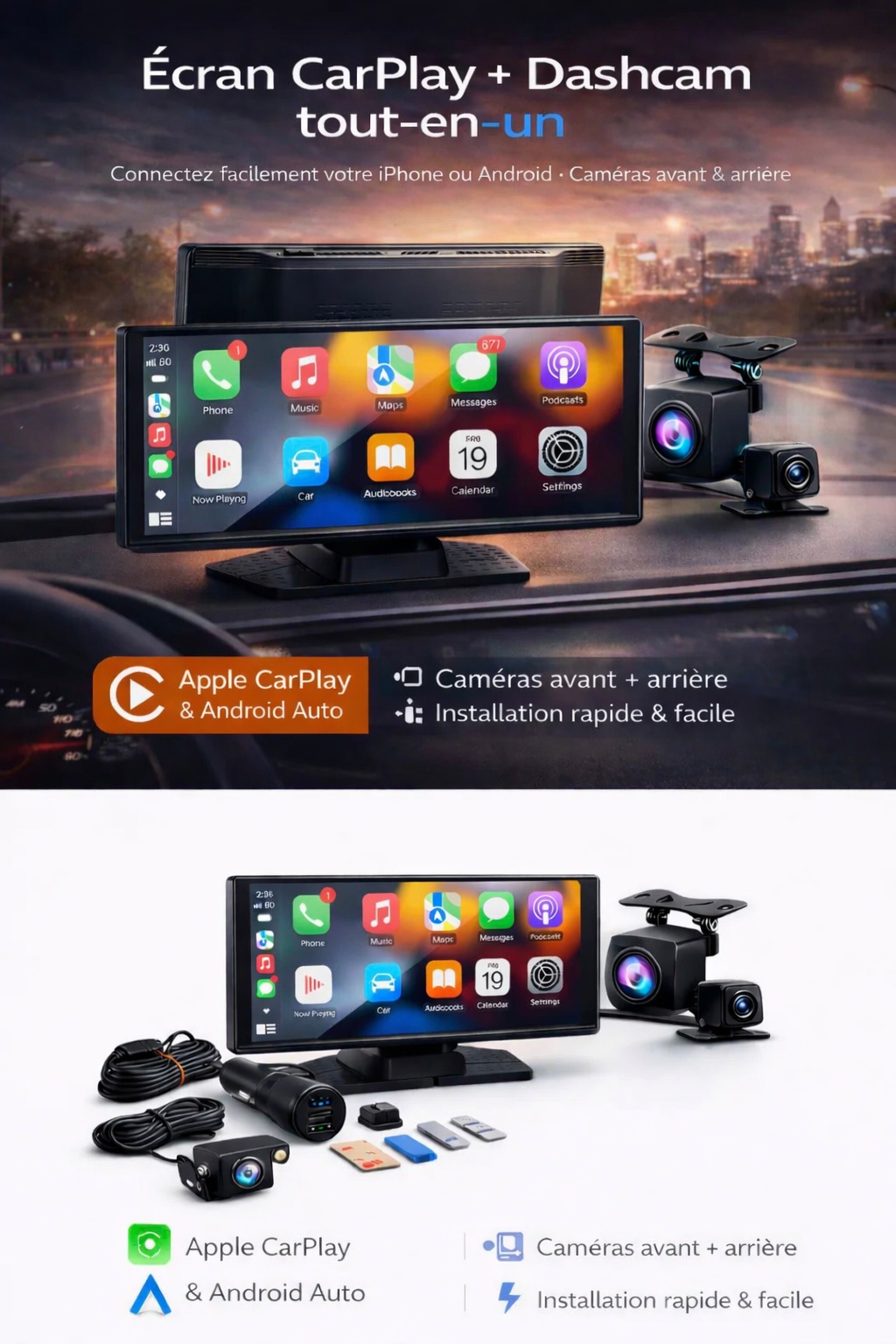 Système de navigation 10" avec Dashcam. Compatible Apple Car Play et Android Auto