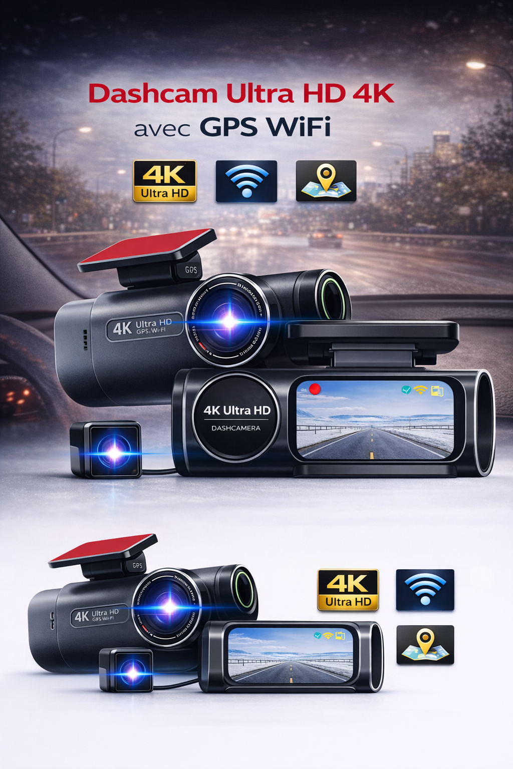 Dashcam 4K UHD avec enregistrement vidéo DVR, vision nocturne, Wi-Fi intégré, GPS et surveillance 24h/24. Carte 128Go.