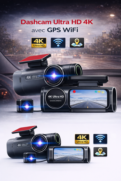 Dashcam 4K UHD avec enregistrement vidéo DVR, vision nocturne, Wi-Fi intégré, GPS et surveillance 24h/24. Carte 128Go.