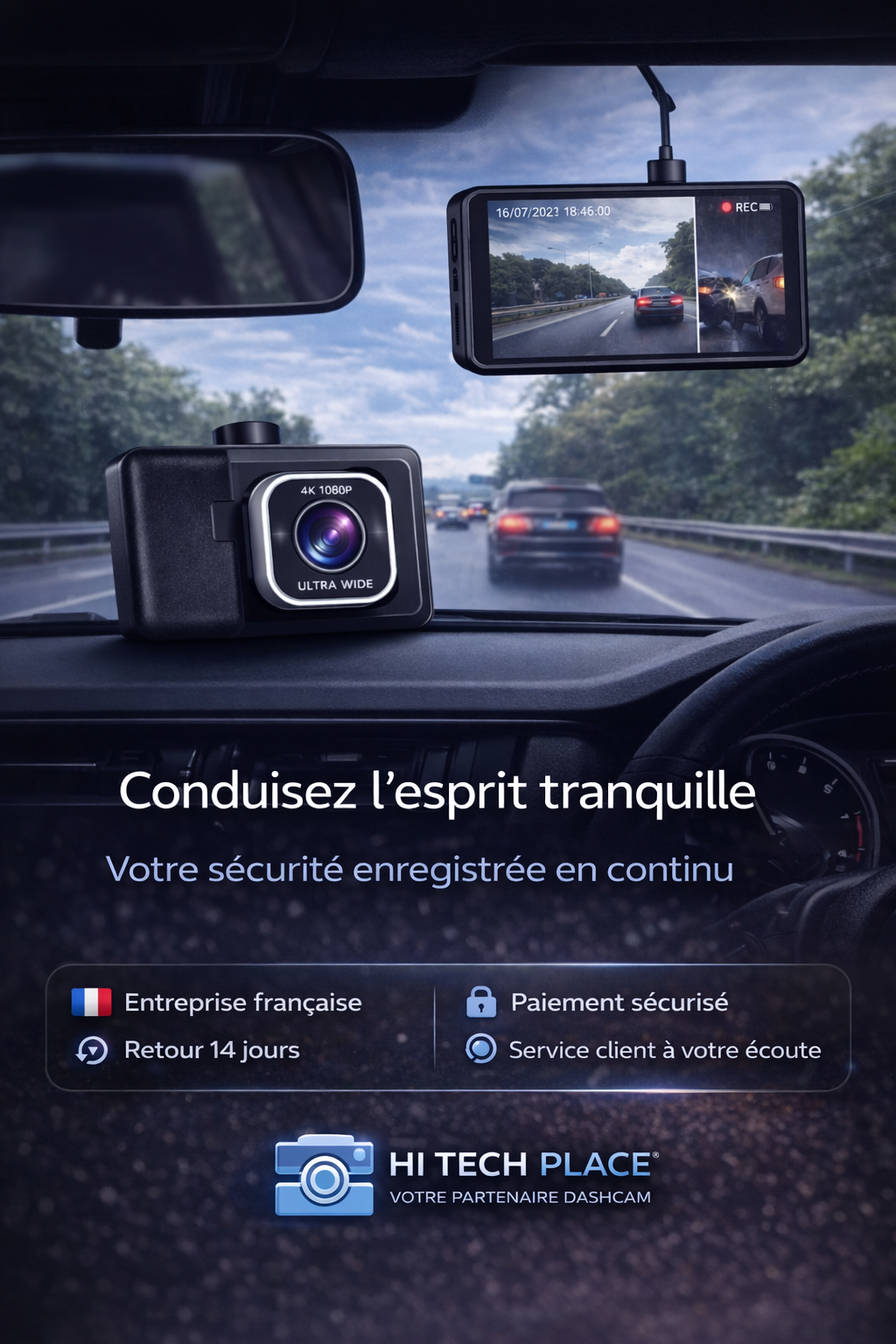Dashcam 1080p avec capteur G, enregistreur vidéo pour véhicule, vision nocturne améliorée, enregistrement en boucle. Caméra arrière et carte 32Go inclus.