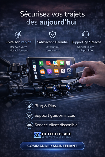 Dashcam GPS DVR moto 6,86 pouces avec compatibilité CarPlay et Android Auto, étanche IP67, caméra avant et arrière, Bluetooth