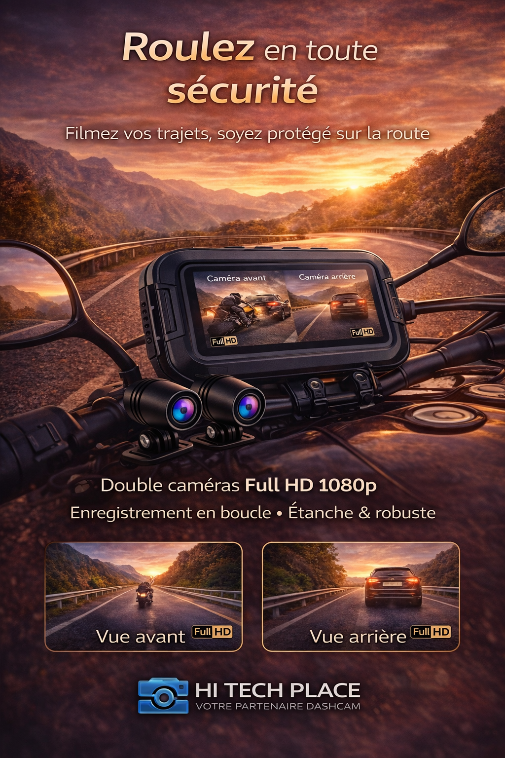 Dashcam DVR 1080p pour moto, étanche, avec Wi-Fi et GPS, enregistreur vidéo avant et arrière.