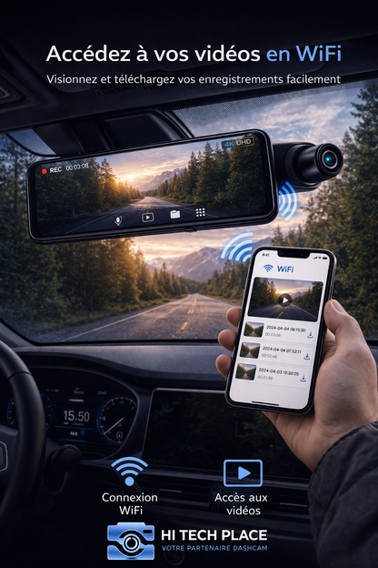 Dashcam 4K Wi-Fi 12 pouces avec enregistreur DVR intégré au rétroviseur, compatible 1080p avec les accessoires pour caméra de recul.