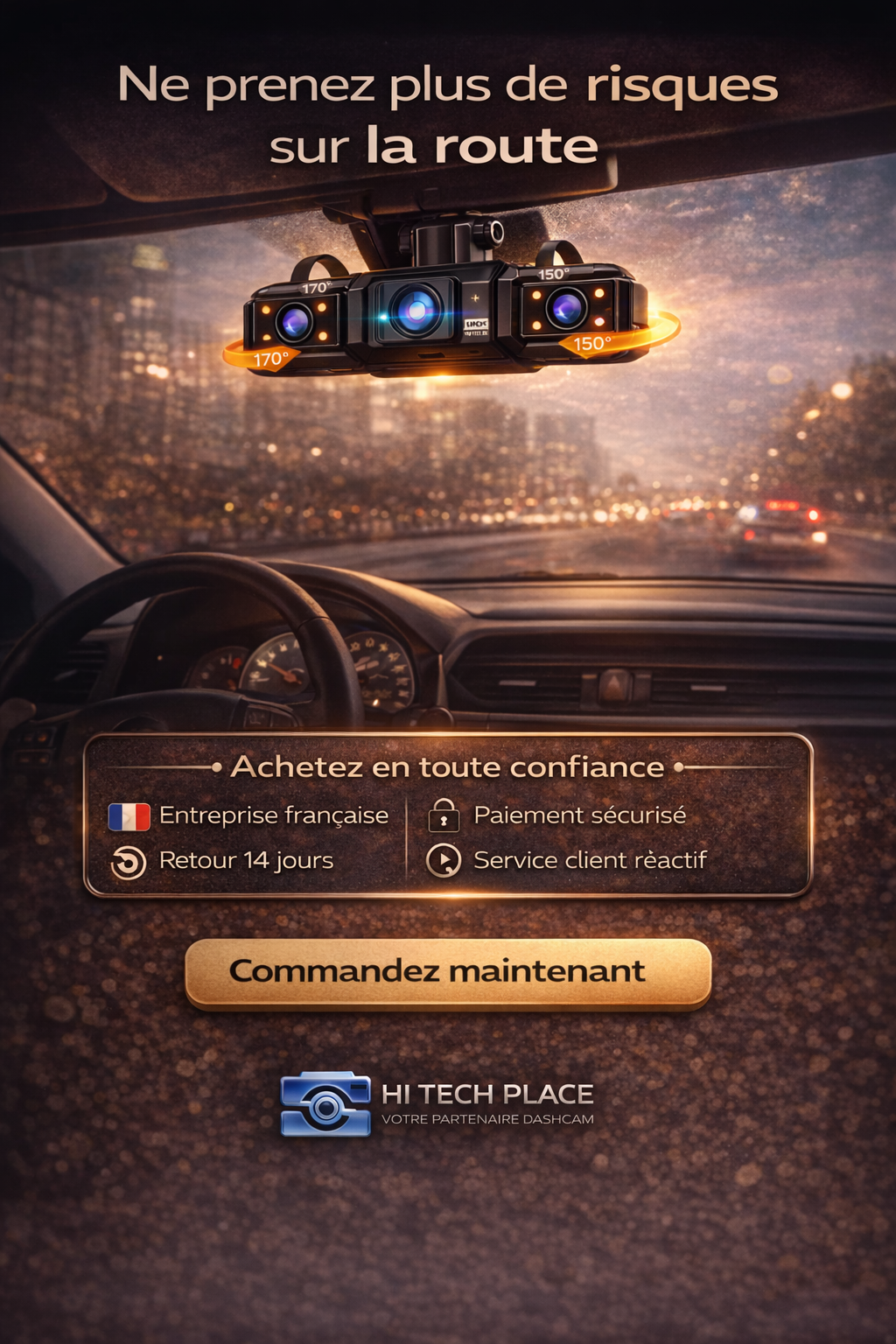 Dashcam 4 canaux avec Wi-Fi, vision nocturne FHD 1080p et enregistrement en boucle. Kit de câblage inclus.