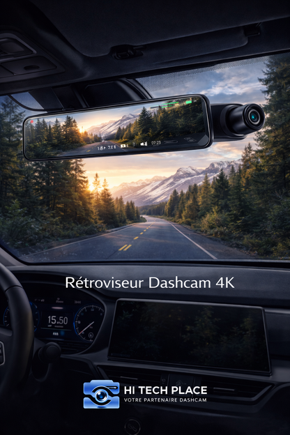 Dashcam 4K Wi-Fi 12 pouces avec enregistreur DVR intégré au rétroviseur, compatible 1080p avec les accessoires pour caméra de recul.