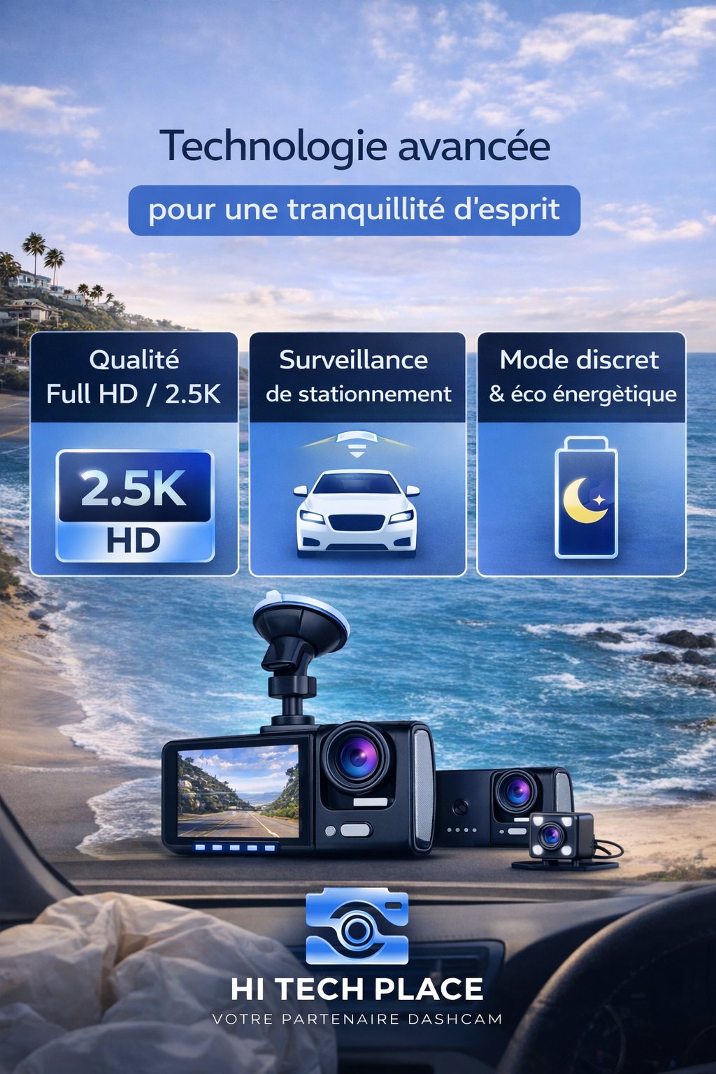 Dashcam 3 canaux pour voiture, enregistreur vidéo 1080p, application Wi-Fi, caméra avant et arrière avec vision nocturne.