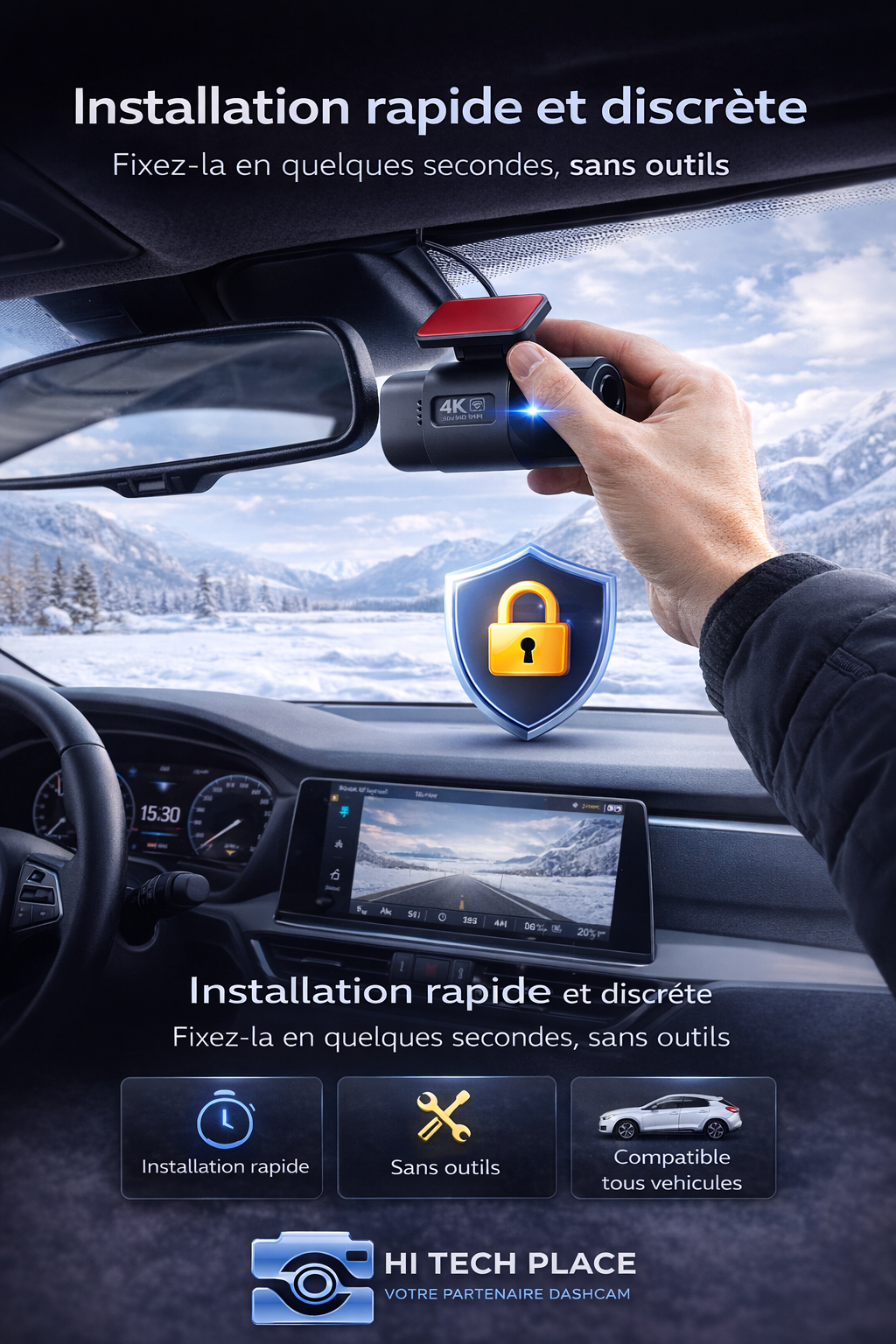 Dashcam 4K UHD avec enregistrement vidéo DVR, vision nocturne, Wi-Fi intégré, GPS et surveillance 24h/24. Carte 128Go.