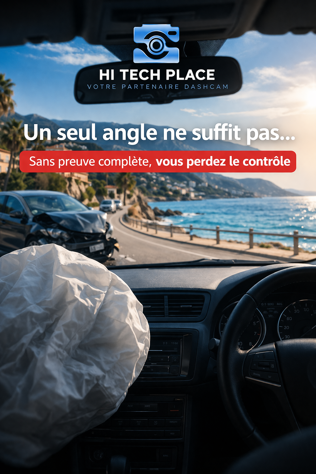 Dashcam 3 canaux pour voiture, enregistreur vidéo 1080p, application Wi-Fi, caméra avant et arrière avec vision nocturne.