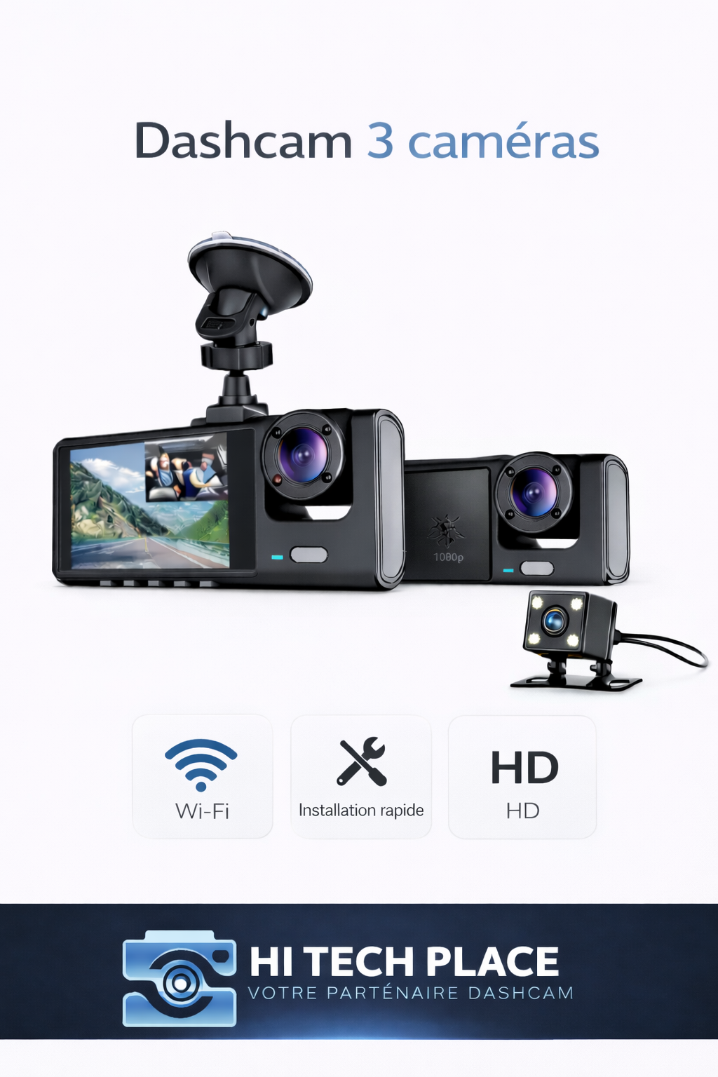 Dashcam 3 canaux pour voiture, enregistreur vidéo 1080p, application Wi-Fi, caméra avant et arrière avec vision nocturne.