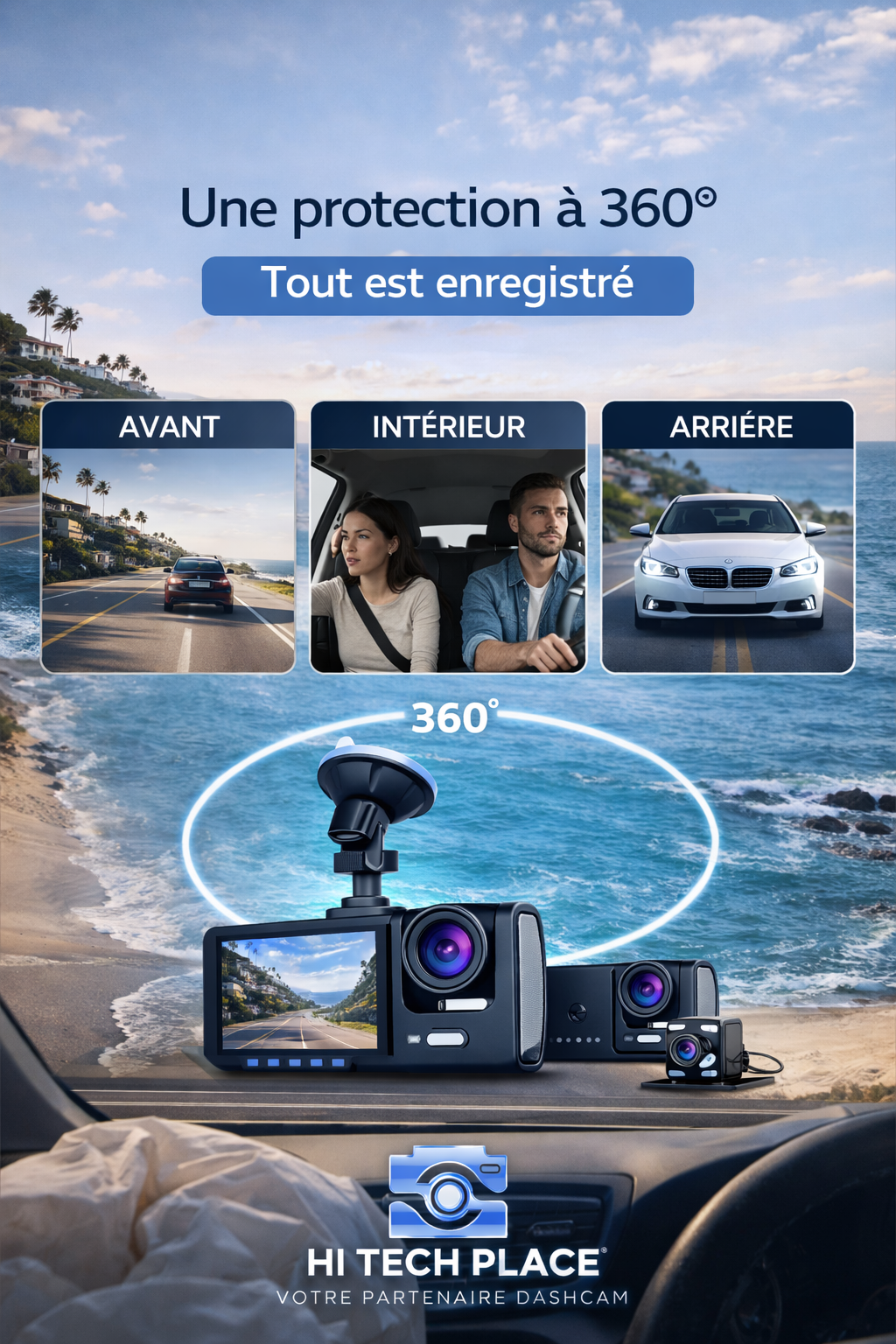 Dashcam 3 canaux pour voiture, enregistreur vidéo 1080p, application Wi-Fi, caméra avant et arrière avec vision nocturne.