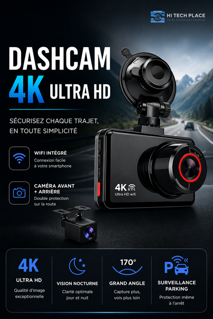 Dashcam 4K, caméra avant et arrière, enregistreur vidéo de voiture avec Wi-Fi, caméra de recul et fonction de surveillance de stationnement.
