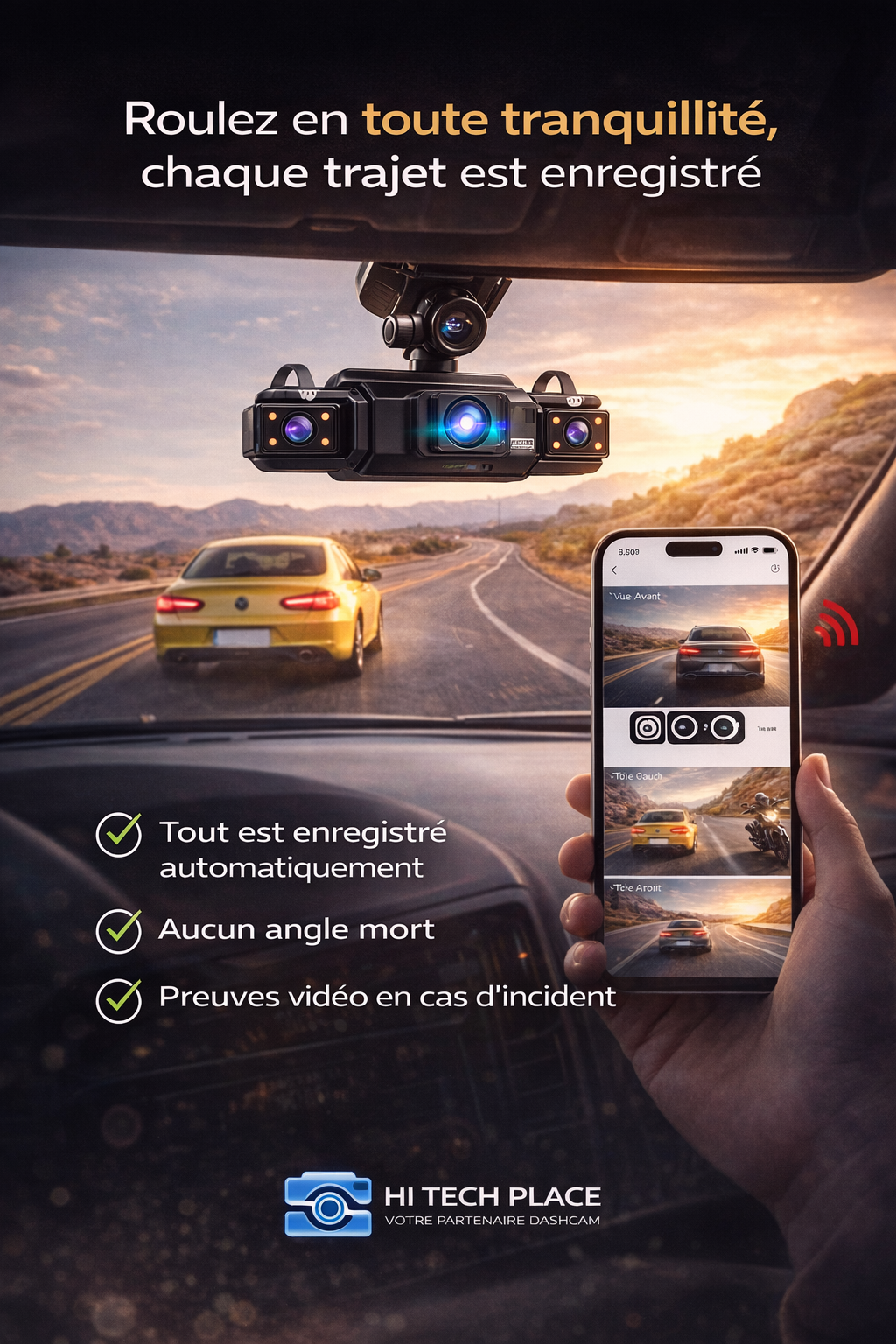 Dashcam 4 canaux avec Wi-Fi, vision nocturne FHD 1080p et enregistrement en boucle. Kit de câblage inclus.